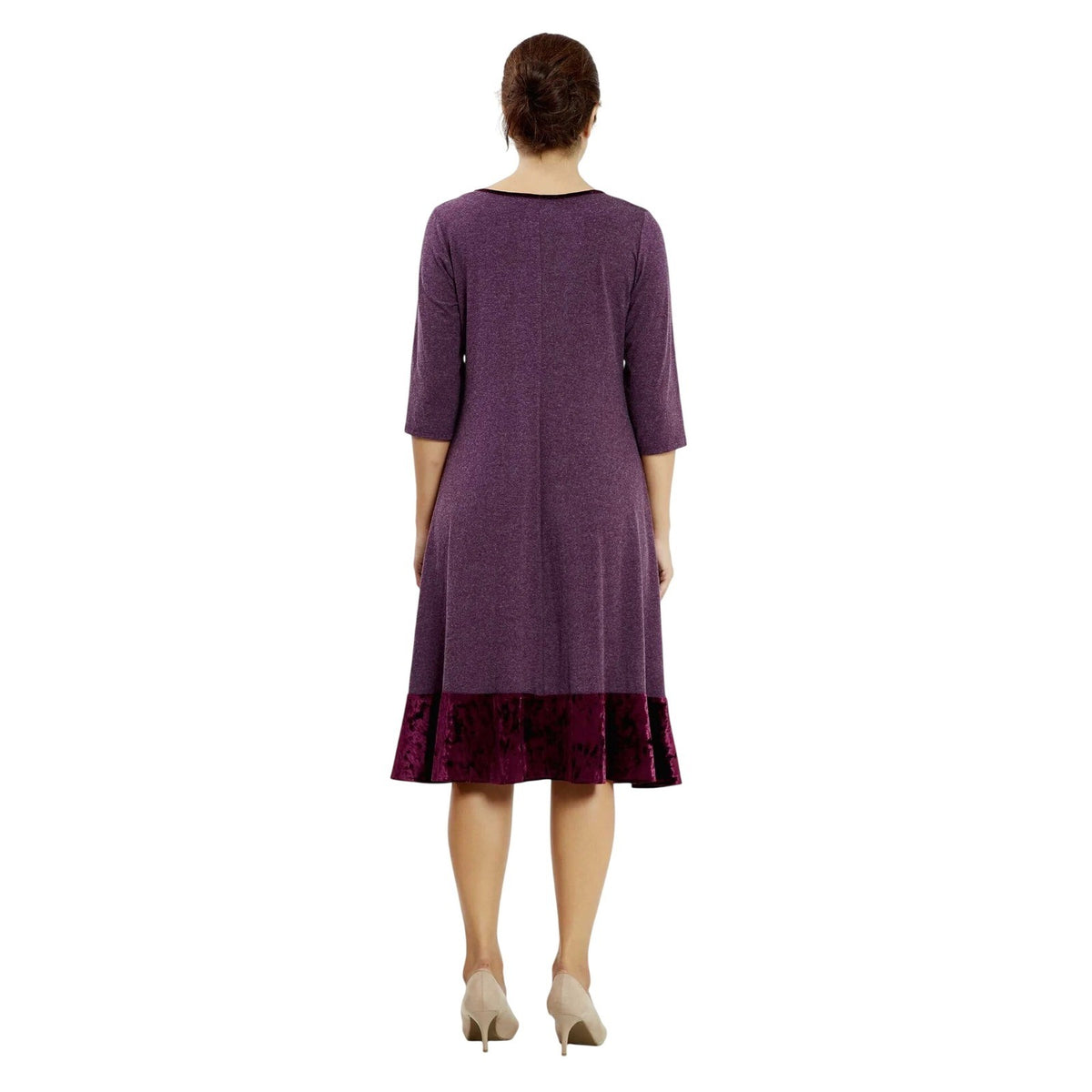 European Velvet Plum Purple A-Line Midi Dress Floral Applique 3/4 Sleeve Womens