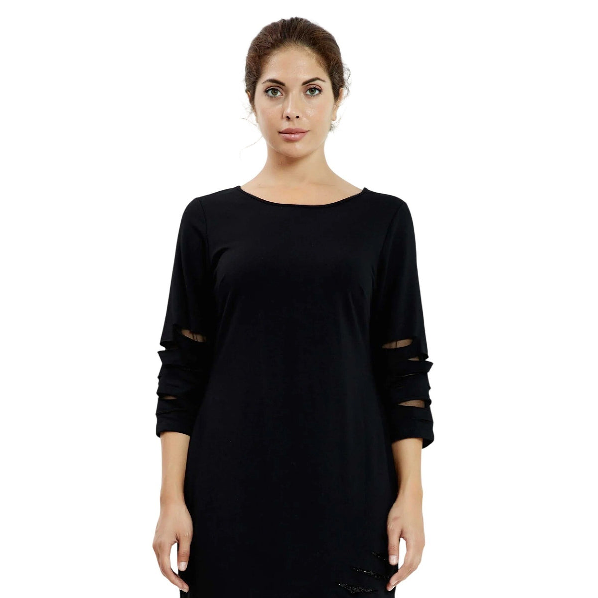 Black Premium Lycra Shift Dress with Mesh Cutout Sleeves and Embellished Detail