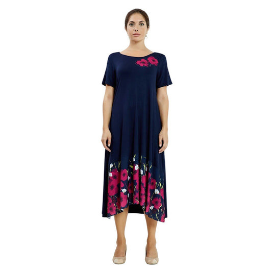 Navy Blue Floral A-Line Midi Dress Pink Flower Applique Short Sleeve Lycra