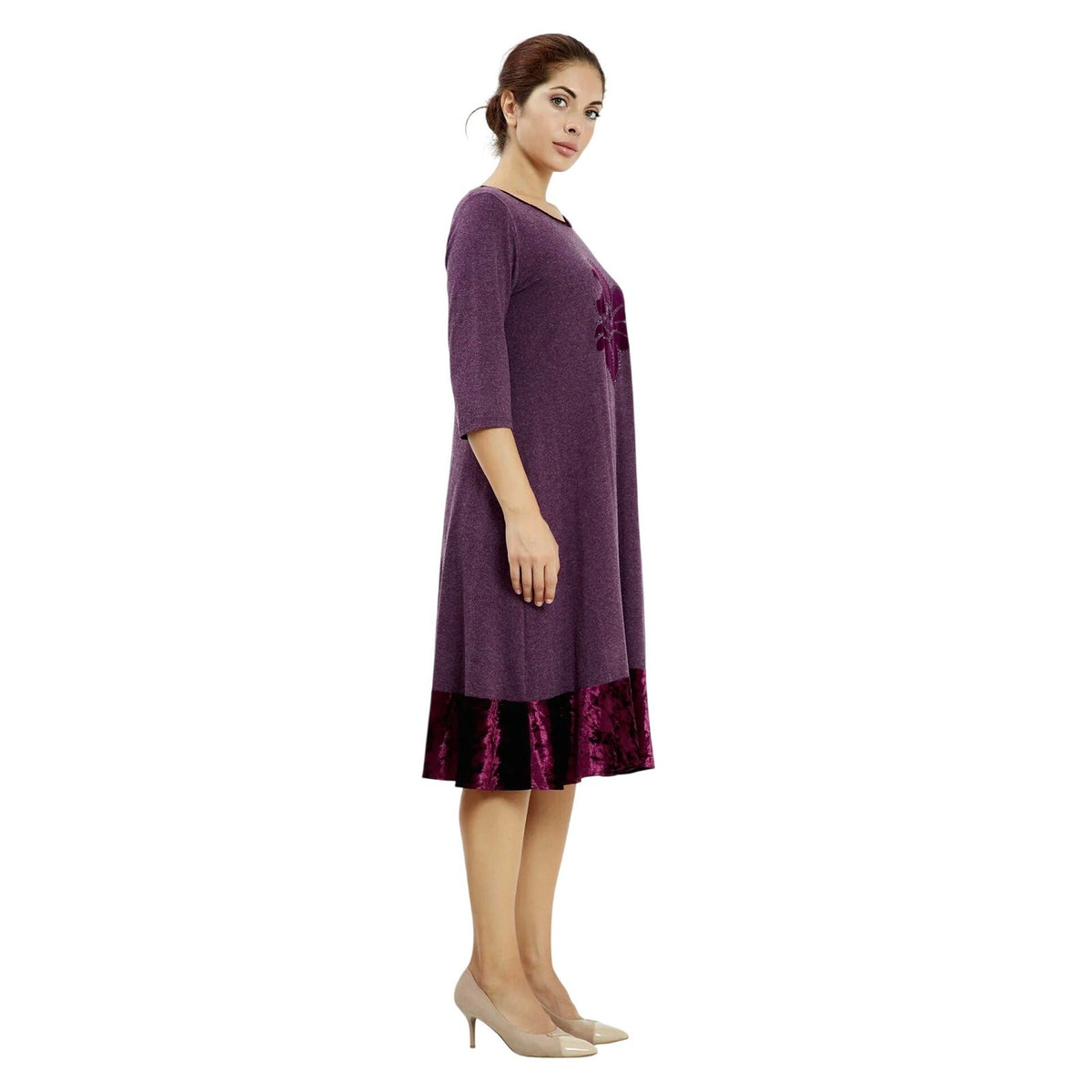 European Velvet Plum Purple A-Line Midi Dress Floral Applique 3/4 Sleeve Womens