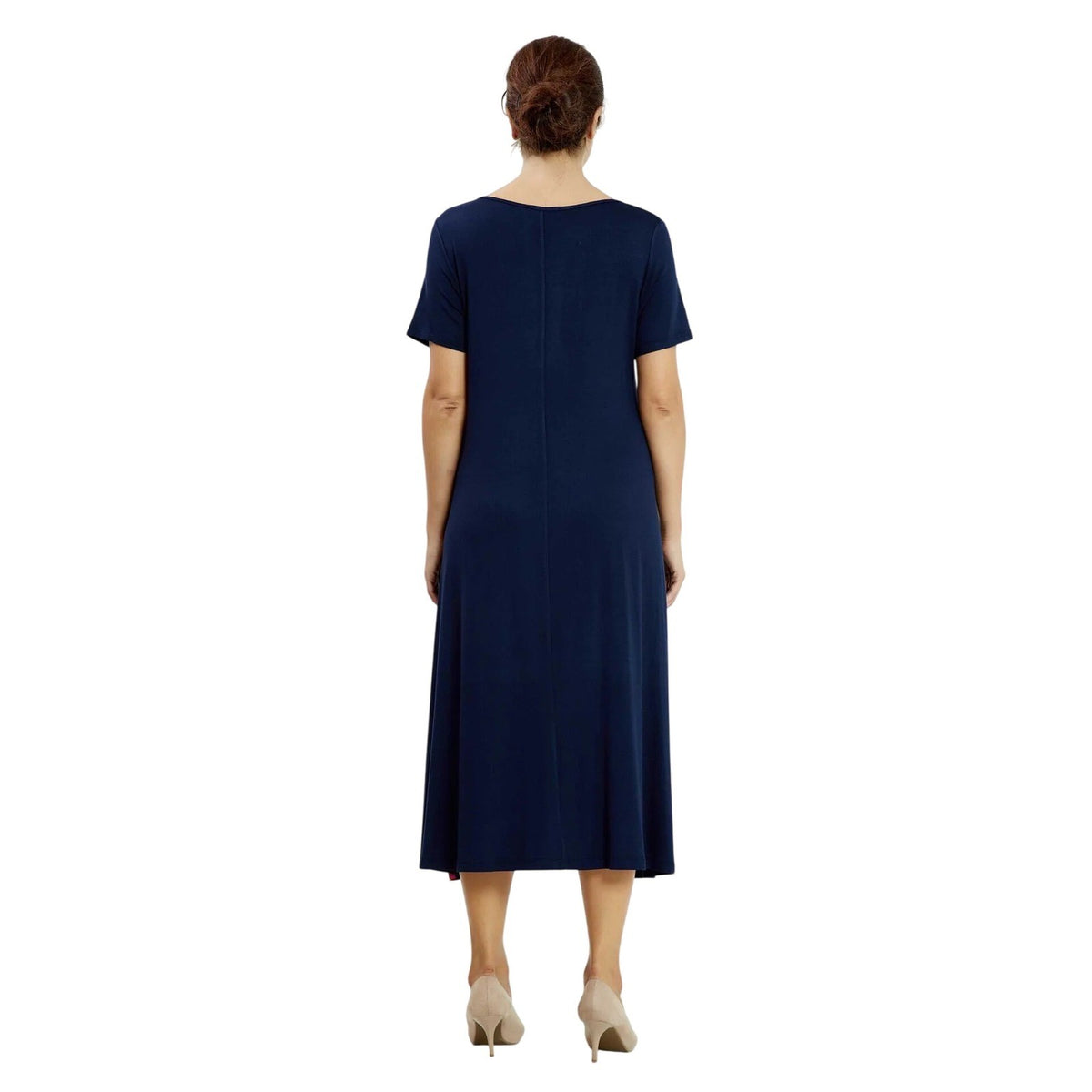 Navy Blue Floral A-Line Midi Dress Pink Flower Applique Short Sleeve Lycra