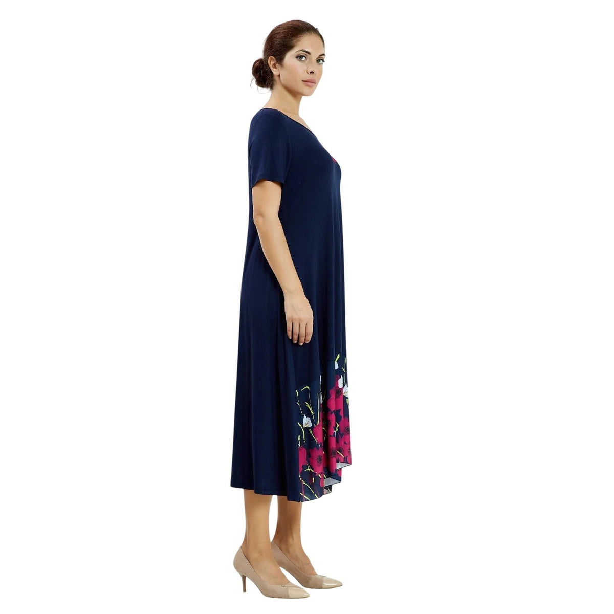 Navy Blue Floral A-Line Midi Dress Pink Flower Applique Short Sleeve Lycra