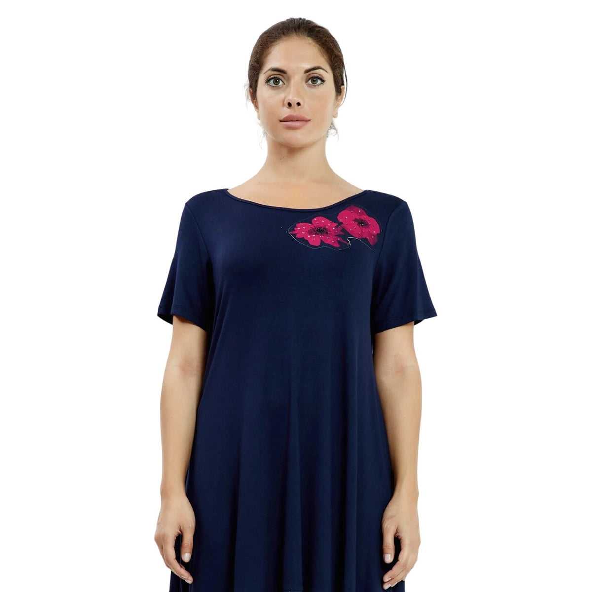 Navy Blue Floral A-Line Midi Dress Pink Flower Applique Short Sleeve Lycra