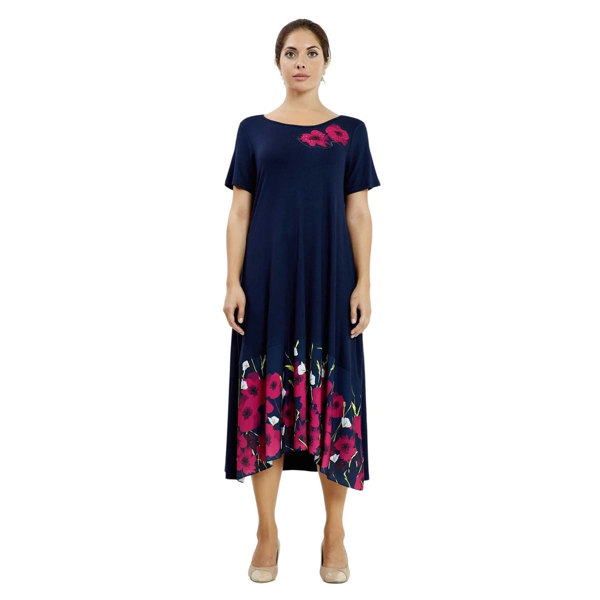 Navy Blue Floral A-Line Midi Dress Pink Flower Applique Short Sleeve Lycra