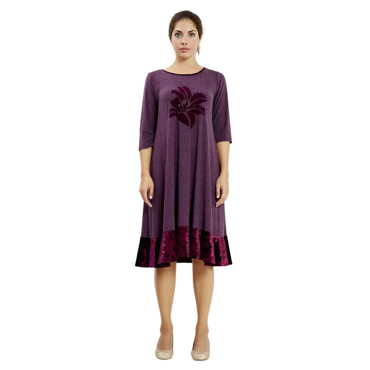 European Velvet Plum Purple A-Line Midi Dress Floral Applique 3/4 Sleeve Womens