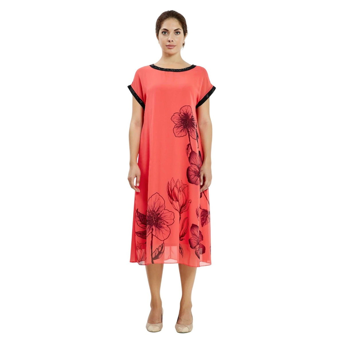 Floral Premium Chiffon Midi Shift Dress Coral Pink Black Trim with Slip