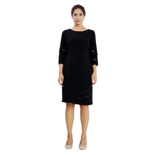 Black Premium Lycra Shift Dress with Mesh Cutout Sleeves and Embellished Detail