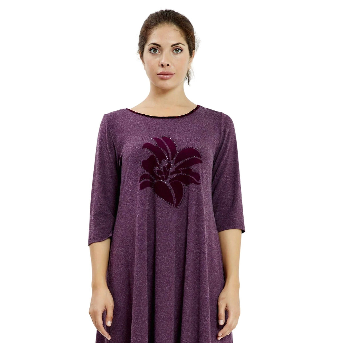 European Velvet Plum Purple A-Line Midi Dress Floral Applique 3/4 Sleeve Womens