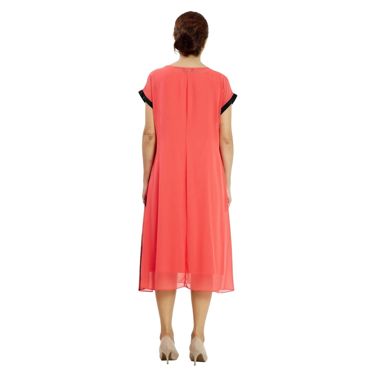 Floral Premium Chiffon Midi Shift Dress Coral Pink Black Trim with Slip