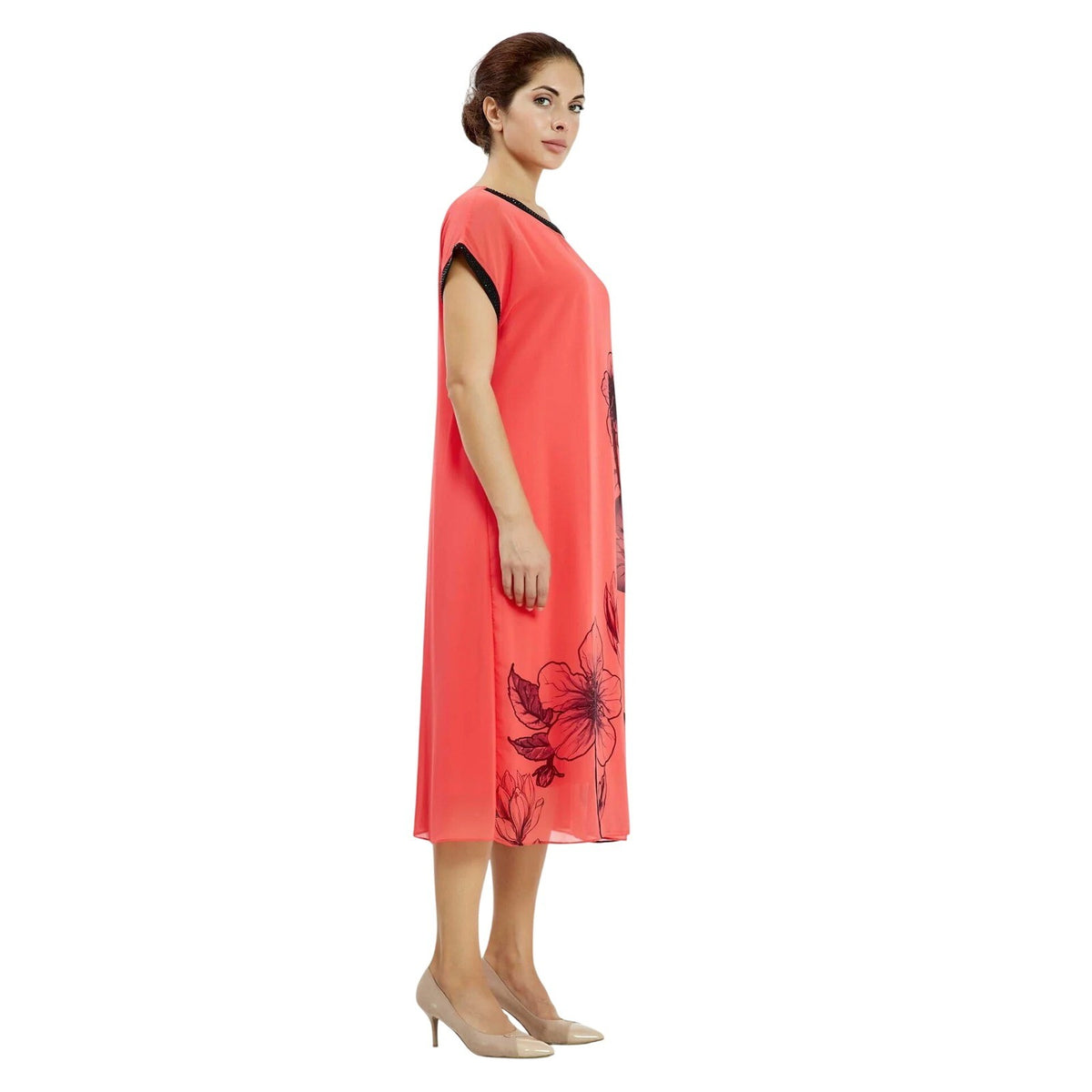 Floral Premium Chiffon Midi Shift Dress Coral Pink Black Trim with Slip