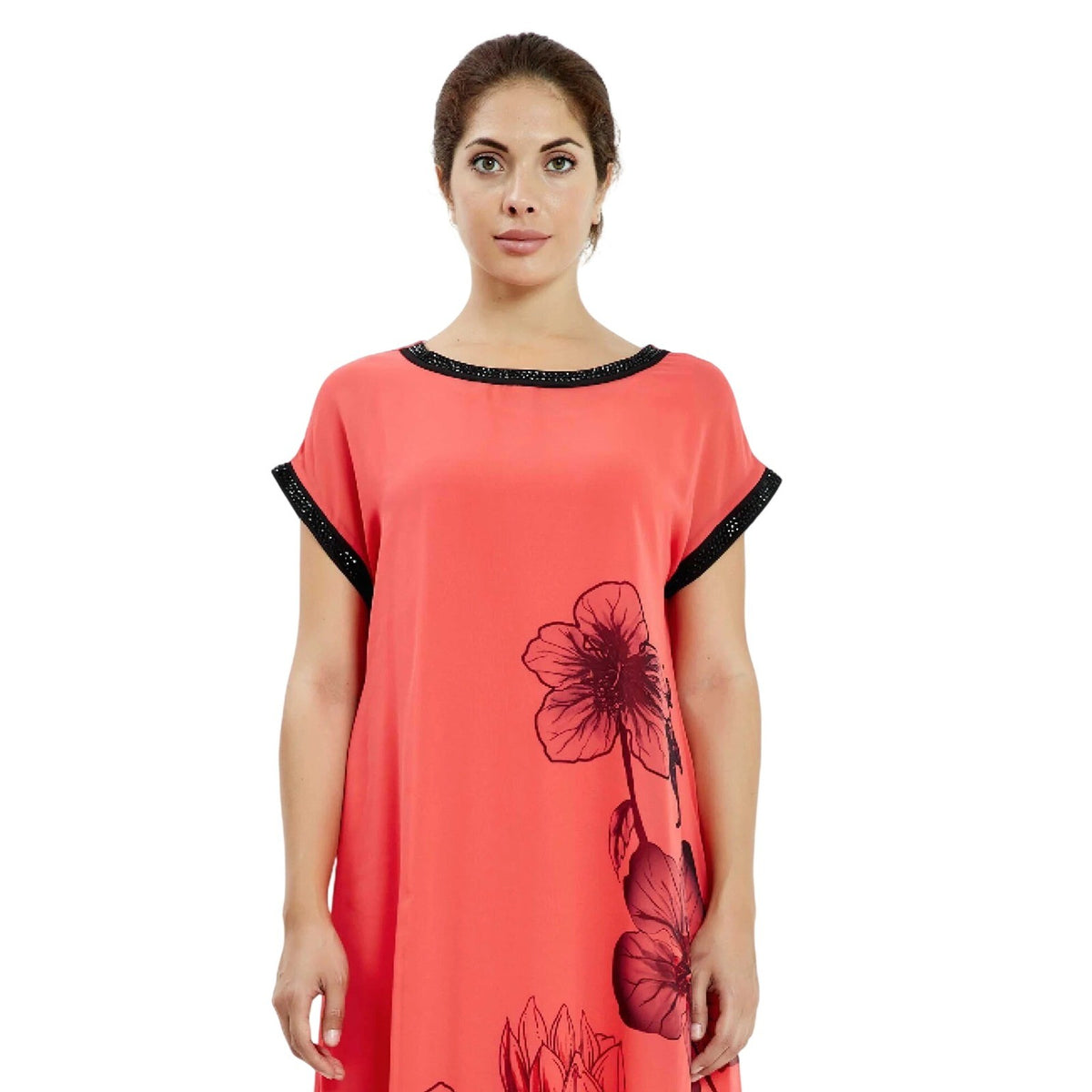 Floral Premium Chiffon Midi Shift Dress Coral Pink Black Trim with Slip