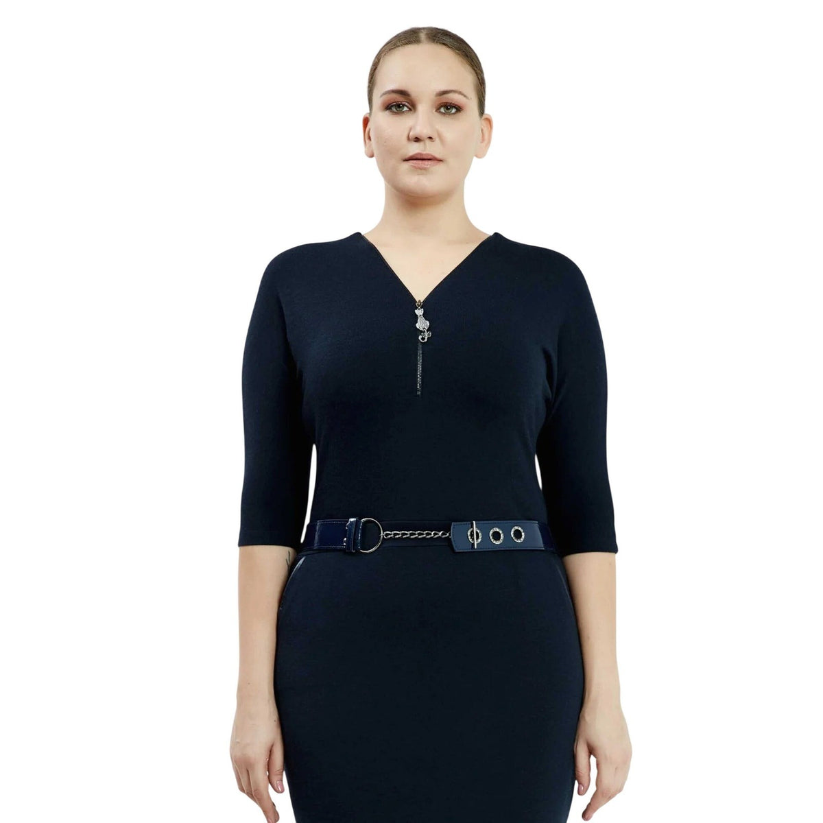 Navy Premium Lycra Bodycon Dress V-Neck 3/4 Sleeve Belted Midi