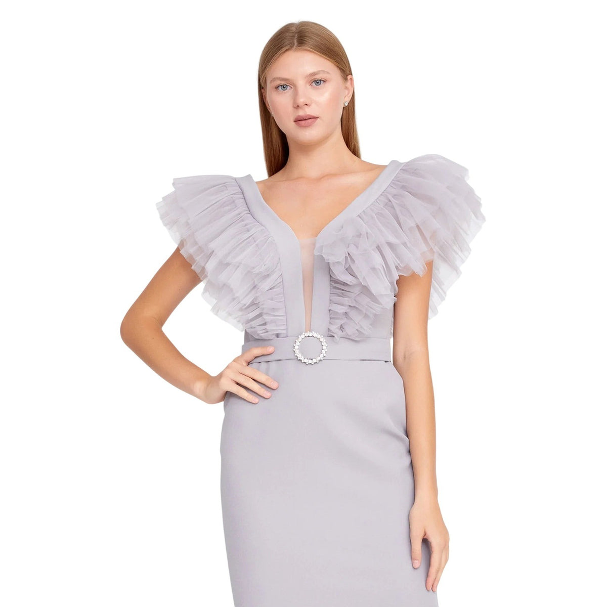 Elegant Lavender Grey Tulle Ruffle VNeck Crepe Sheath Dress with Rhinestone Belt