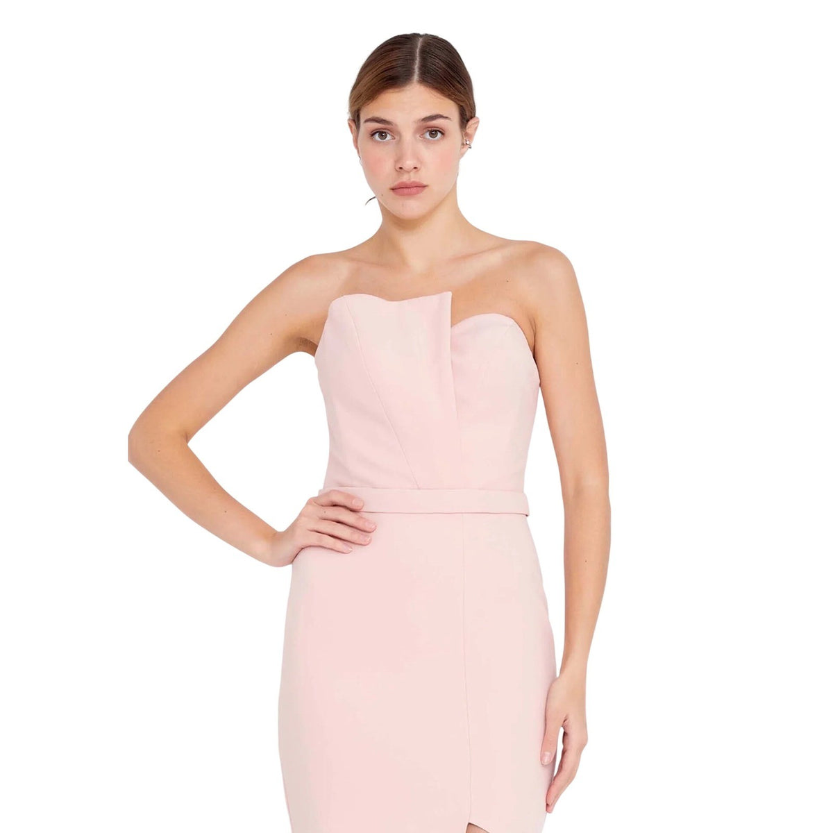 Premium Powder Pink Elegant Crepe Strapless Cocktail Asymmetrical Dress