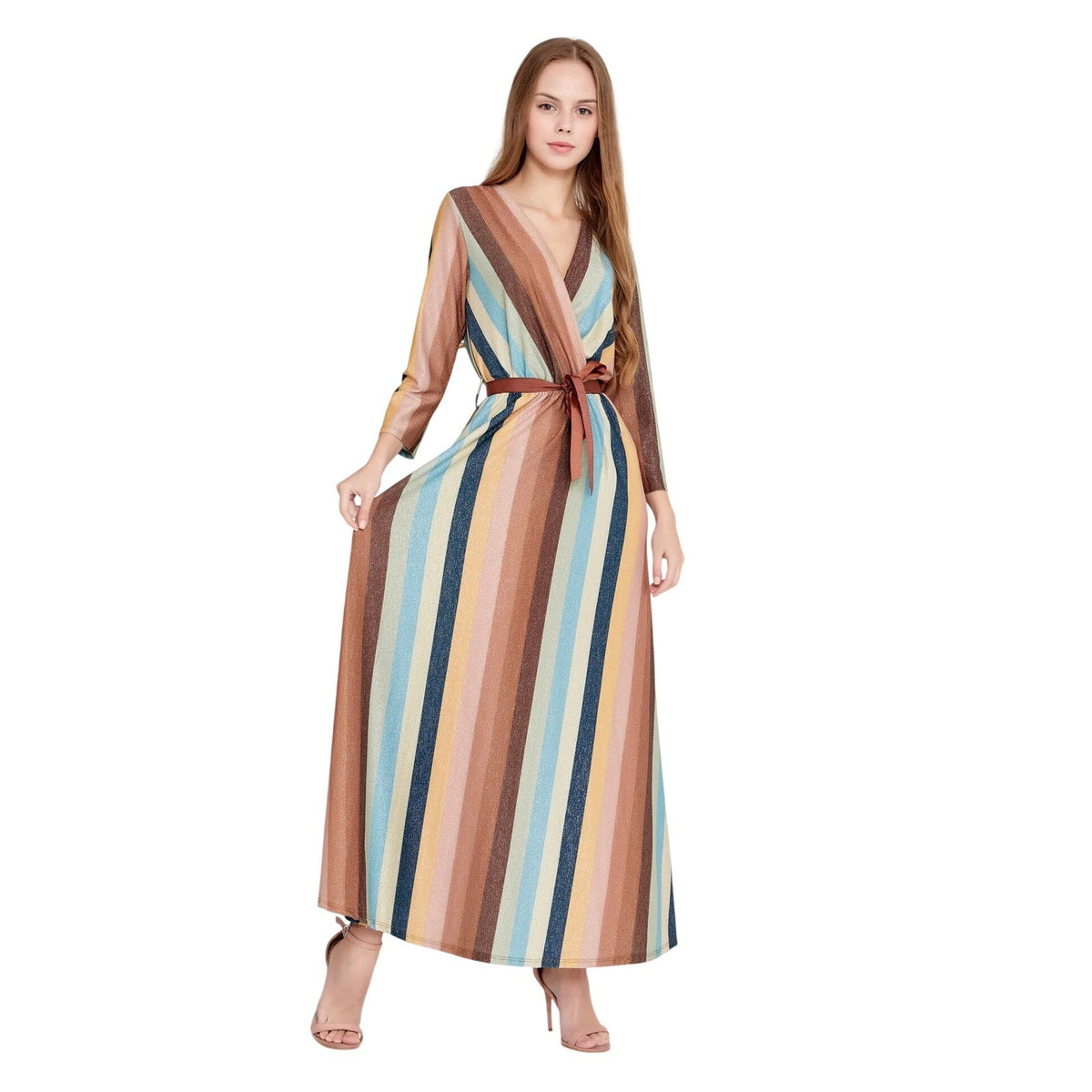Mint-Brown Metallic Striped Maxi Dress Viscose Wrap V-Neck Lurex