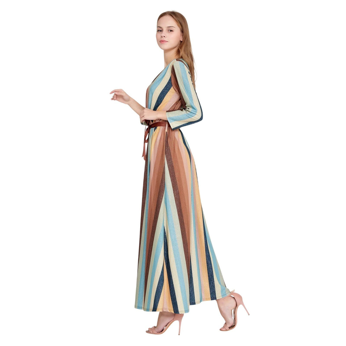 Mint-Brown Metallic Striped Maxi Dress Viscose Wrap V-Neck Lurex