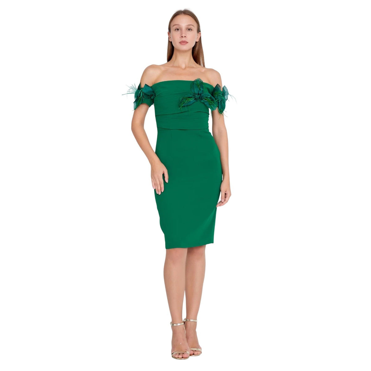 Emerald Green Off Shoulder Crepe Cocktail Dress with Feather Floral Detail