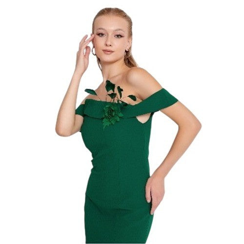 Emerald Green Off Shoulder Crepe Cocktail Dress with Floral Applique & Feathers