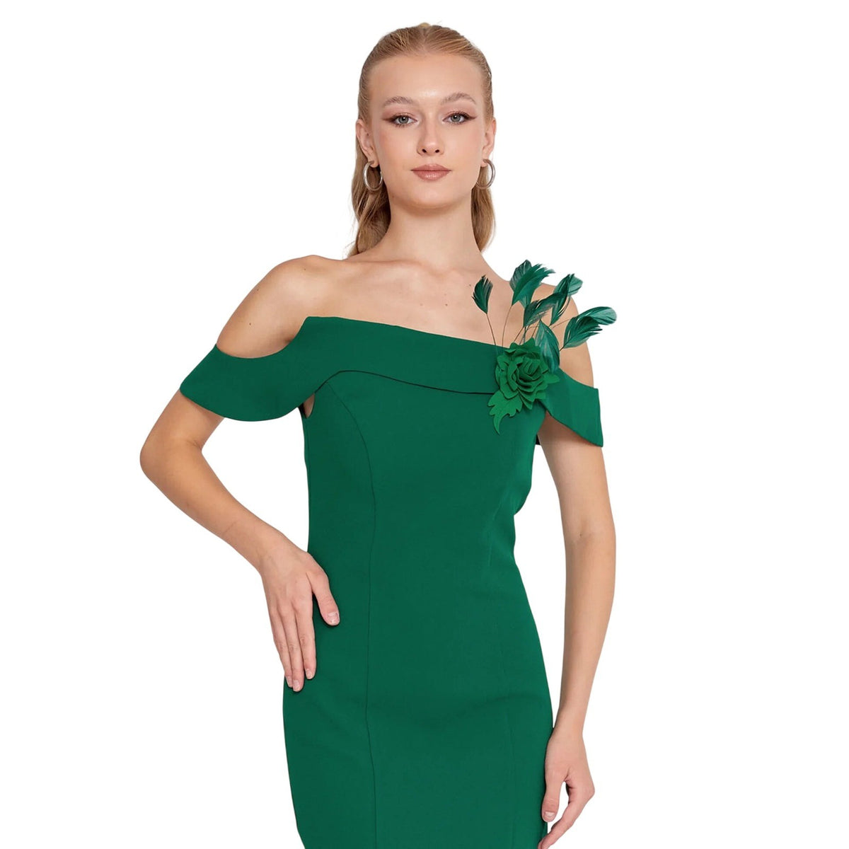 Emerald Green Off Shoulder Crepe Cocktail Dress with Floral Applique & Feathers