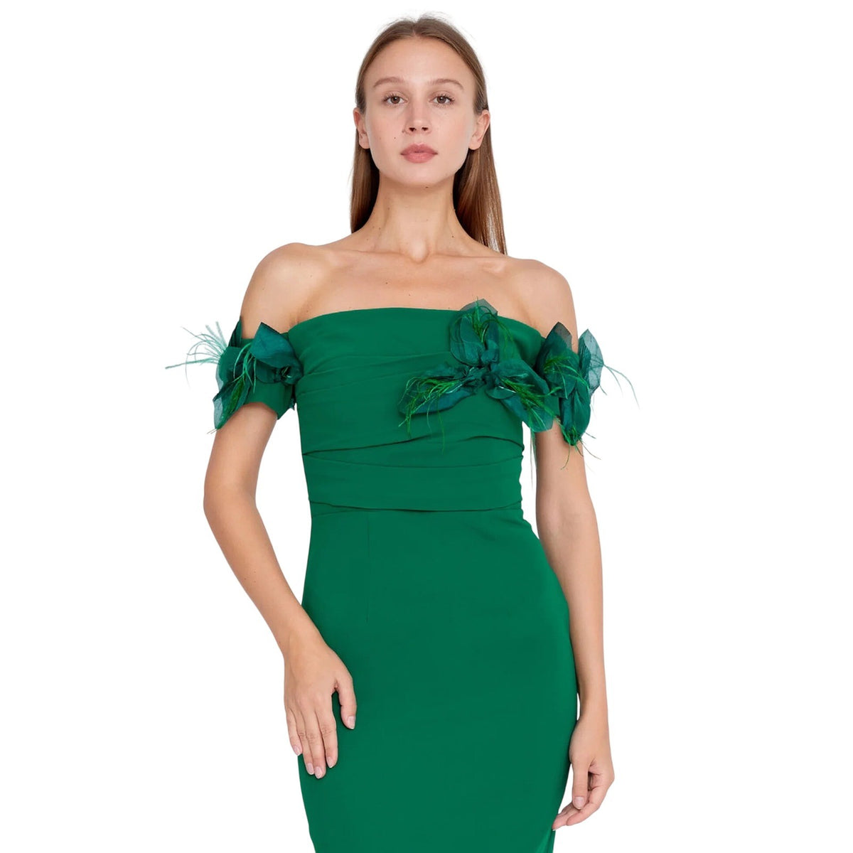 Emerald Green Off Shoulder Crepe Cocktail Dress with Feather Floral Detail