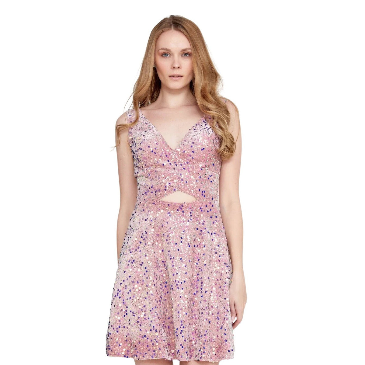 European Pink Sequin V-Neck Cutout Cocktail Mini Dress Sleeveless Party Gown