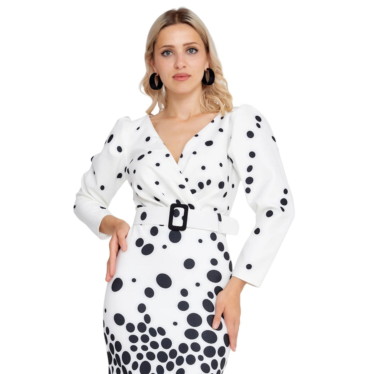 White Black Polka Dot Elegant V-Neck Belted Midi Pencil Dress