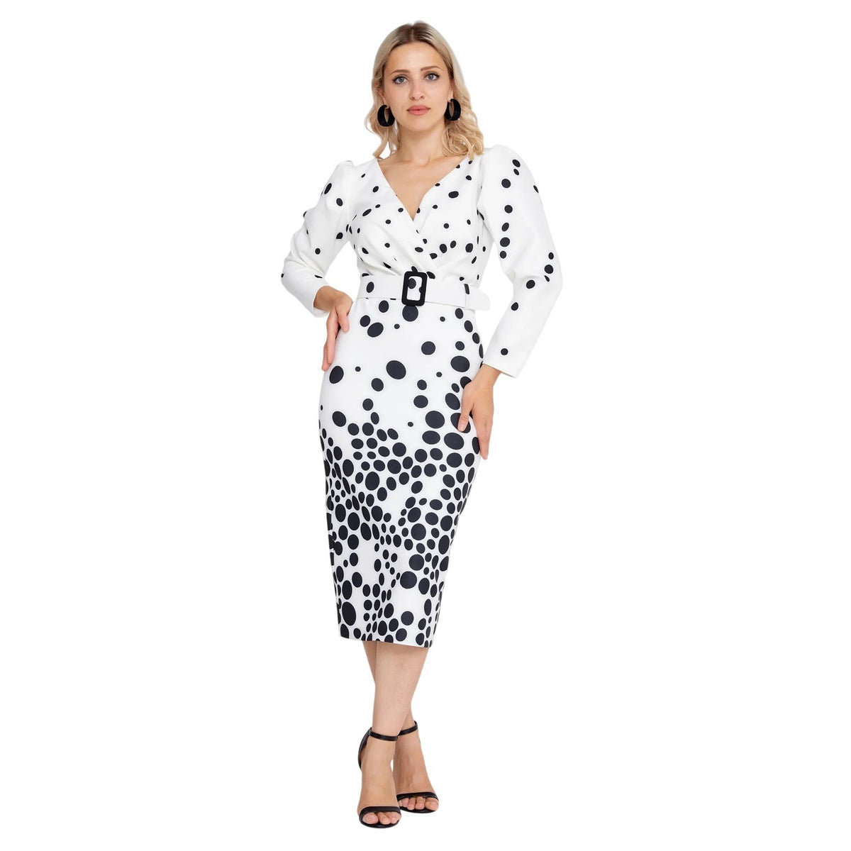 White Black Polka Dot Elegant V-Neck Belted Midi Pencil Dress