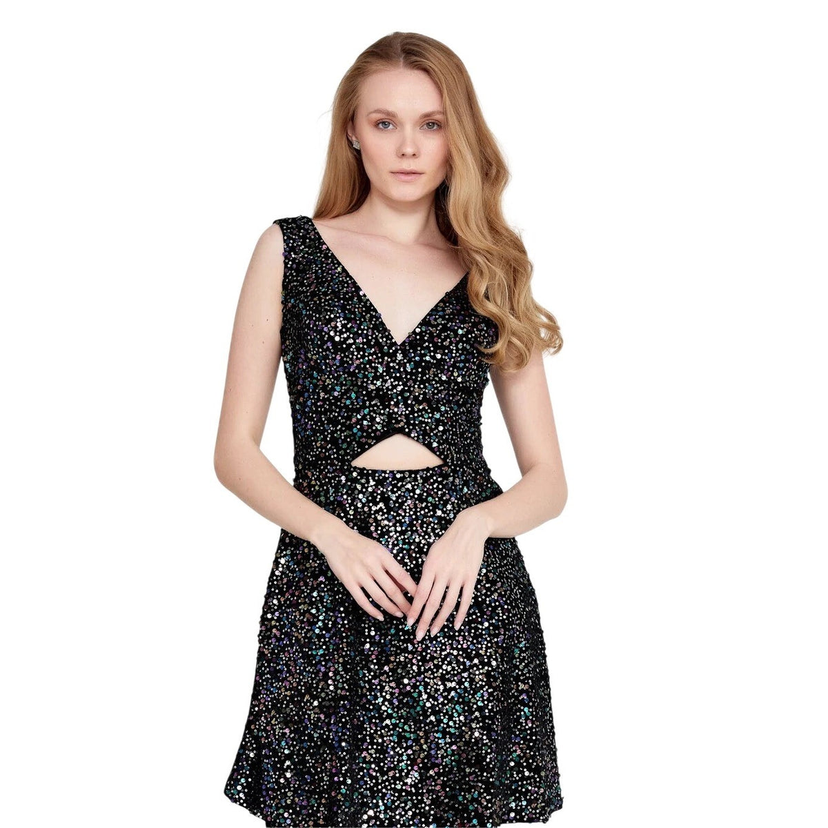 Black Sequin V-Neck Cutout Mini Cocktail Dress