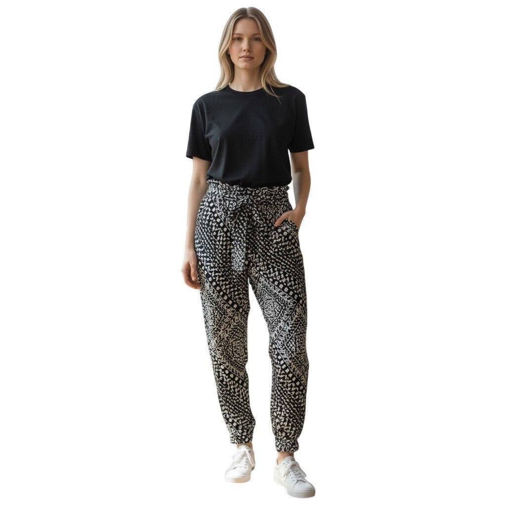 Boom Boom Jeans Womens Black White Geometric Print Paperbag Jogger Pants V13728Z