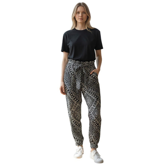 Boom Boom Jeans Womens Black White Geometric Print Paperbag Jogger Pants V13728Z