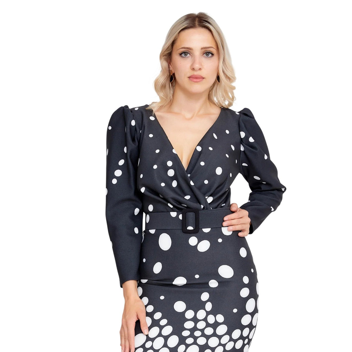 Black White Polka Dot Midi Dress V-Neck Puff Sleeve Belted Pencil Dress