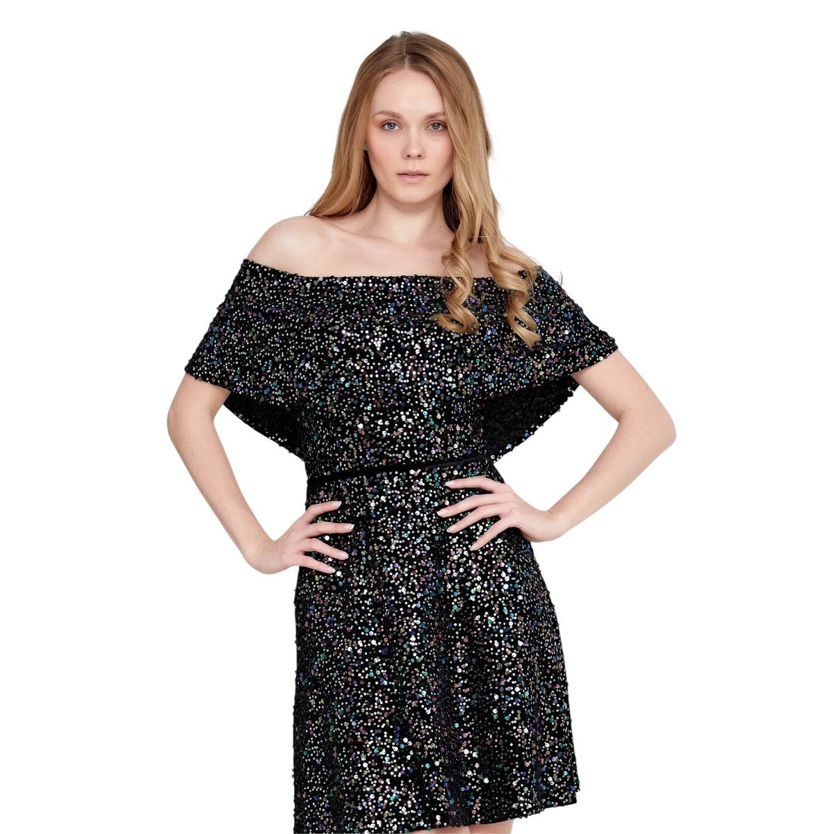 Black Elegant Sequin Off Shoulder Ruffle Mini Cocktail Dress