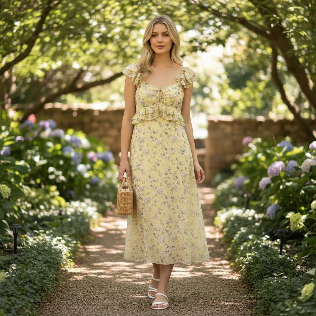 Lush Floral Maxi Dress Yellow Purple Cold Shoulder Ruffle LD44645-003 Womens XS