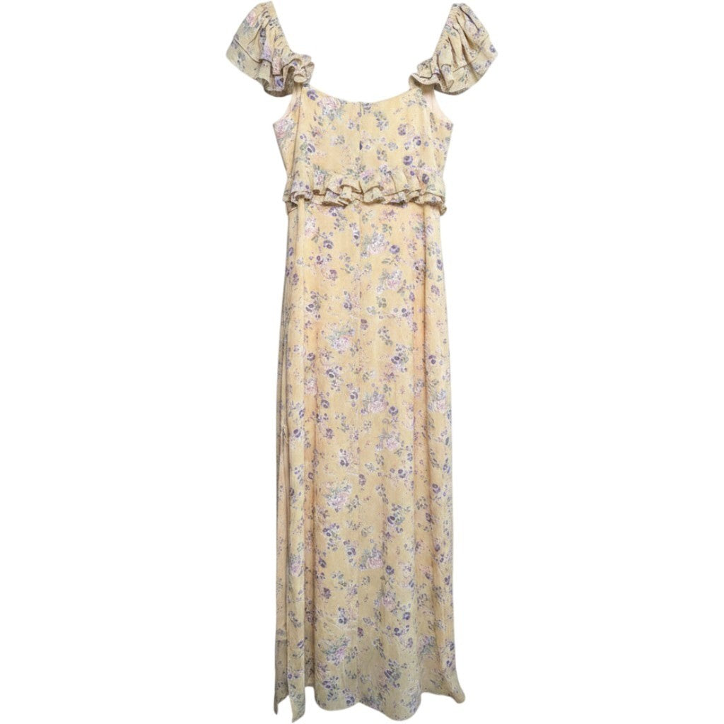 Lush Floral Maxi Dress Yellow Purple Cold Shoulder Ruffle LD44645-003 Womens M