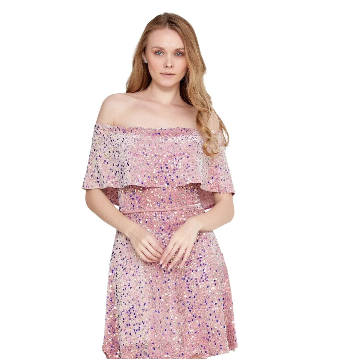 Pink Sequin Off The Shoulder Cocktail Mini Dress