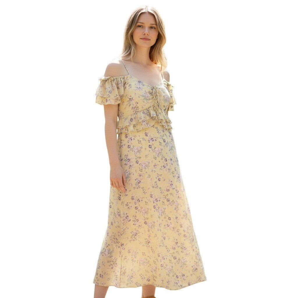 Lush Floral Maxi Dress Yellow Purple Cold Shoulder Ruffle LD44645-003 Womens M