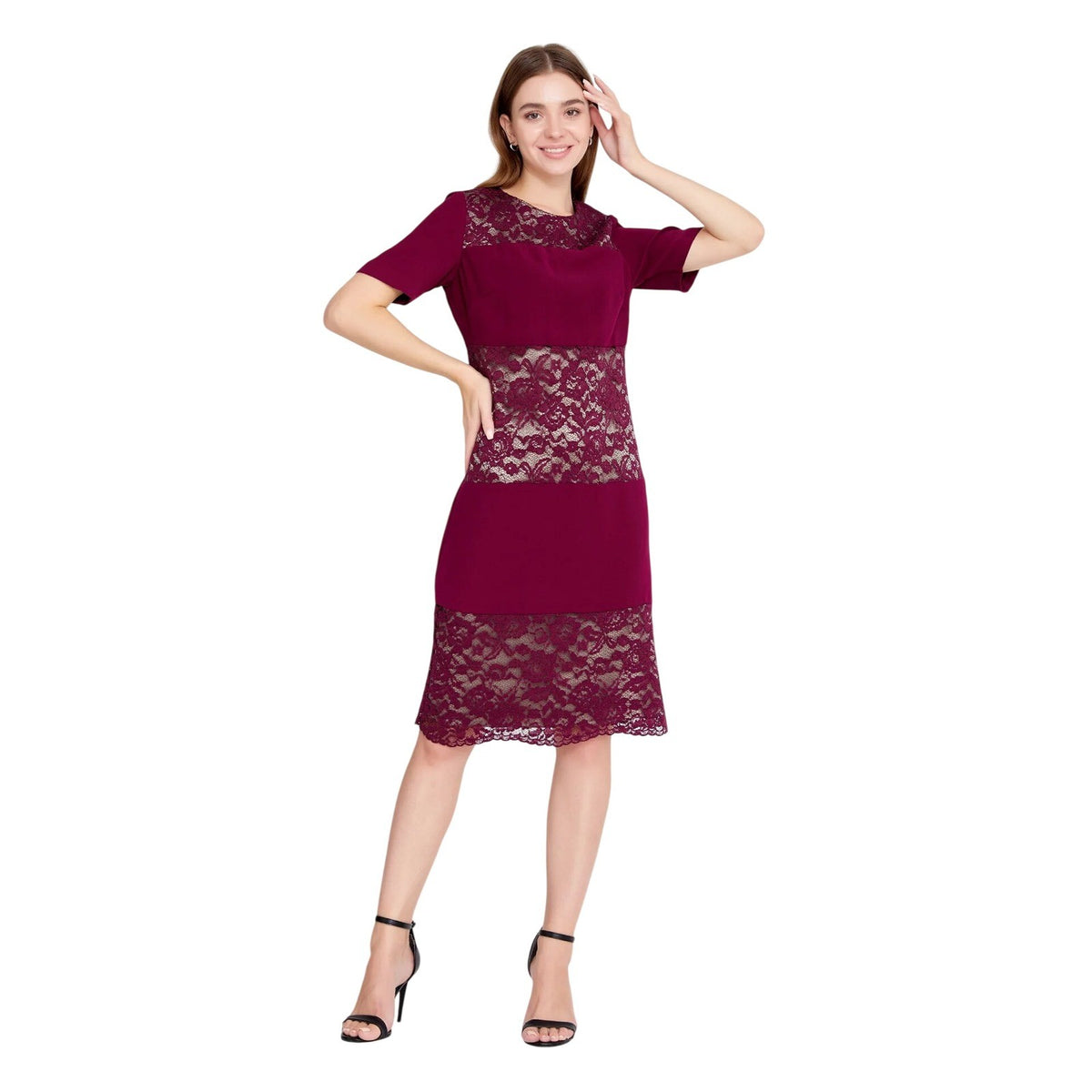 Burgundy Satin Lace Midi Dress Short Sleeve Cocktail Evening