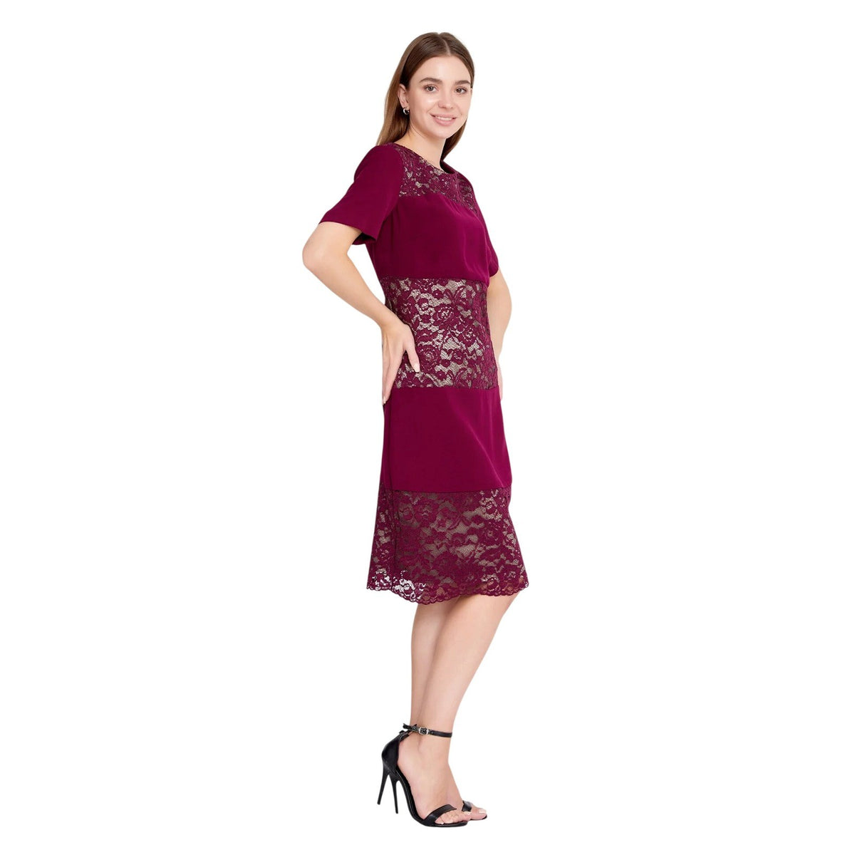 Burgundy Satin Lace Midi Dress Short Sleeve Cocktail Evening