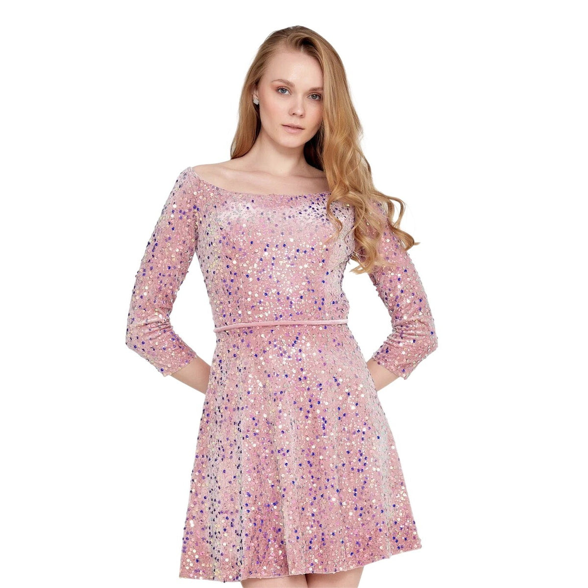 Pink Sequin Mini Off Shoulder A-Line Cocktail Dress