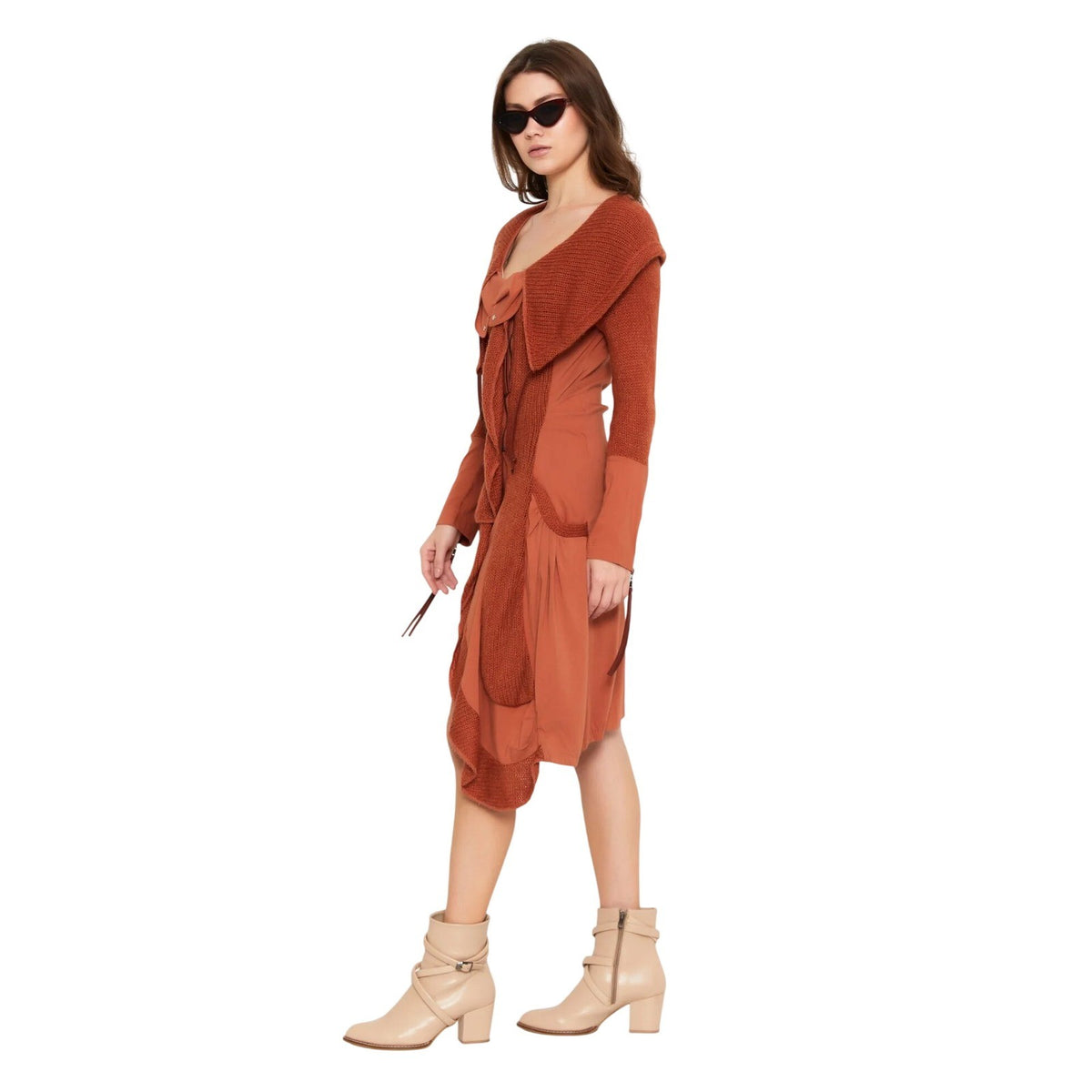 European Lana Wool Terracotta Mixed Media Knit Asymmetric Midi Dress