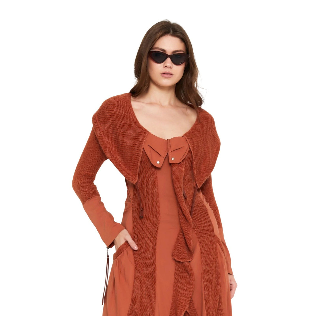 European Lana Wool Terracotta Mixed Media Knit Asymmetric Midi Dress