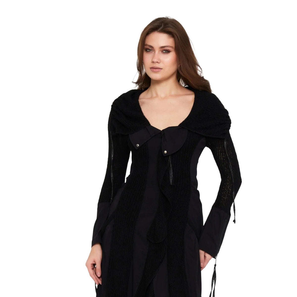 European Lana Wool Long Sleeve Midi Dress Black Avant Garde Asymmetrical Hem