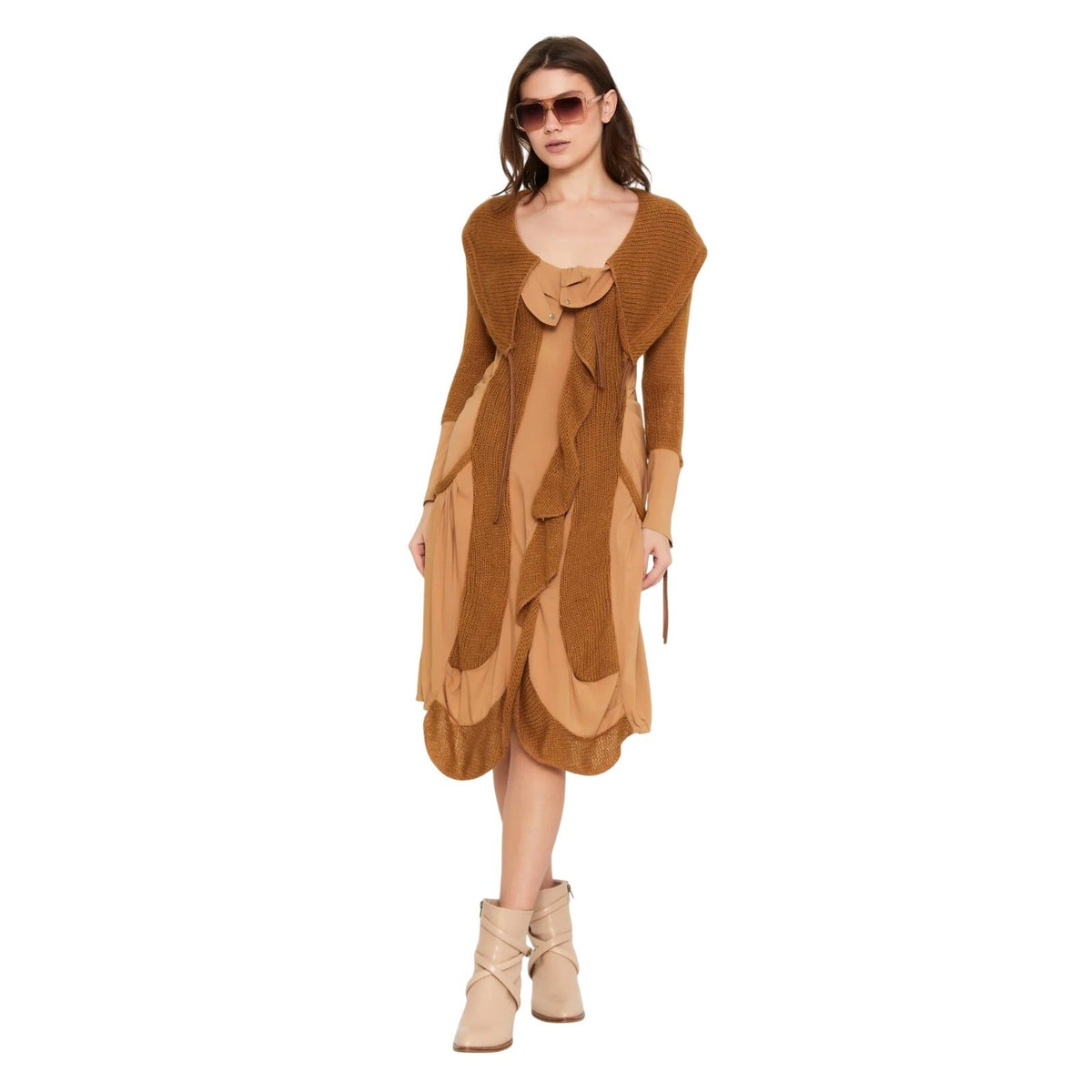 European Lana Wool Long Sleeve Dress Camel Brown Mixed Media Midi