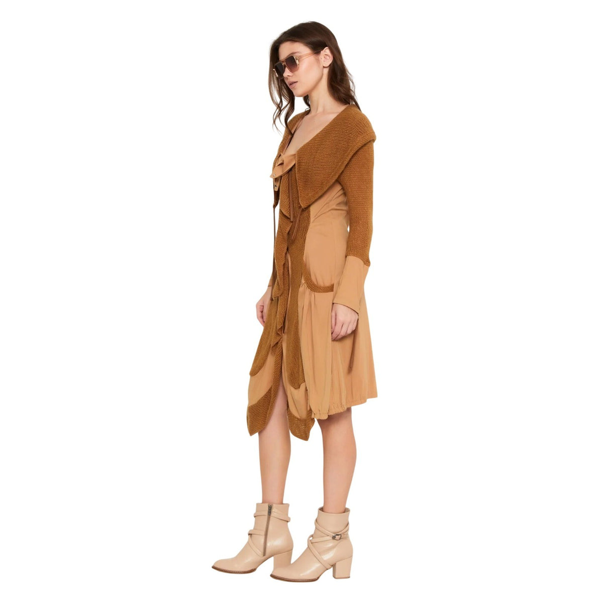 European Lana Wool Long Sleeve Dress Camel Brown Mixed Media Midi