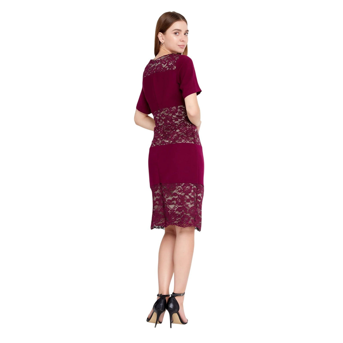 Burgundy Satin Lace Midi Dress Short Sleeve Cocktail Evening