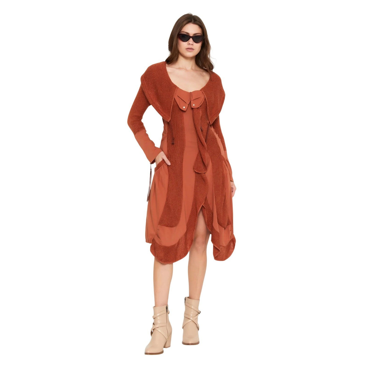 European Lana Wool Terracotta Mixed Media Knit Asymmetric Midi Dress