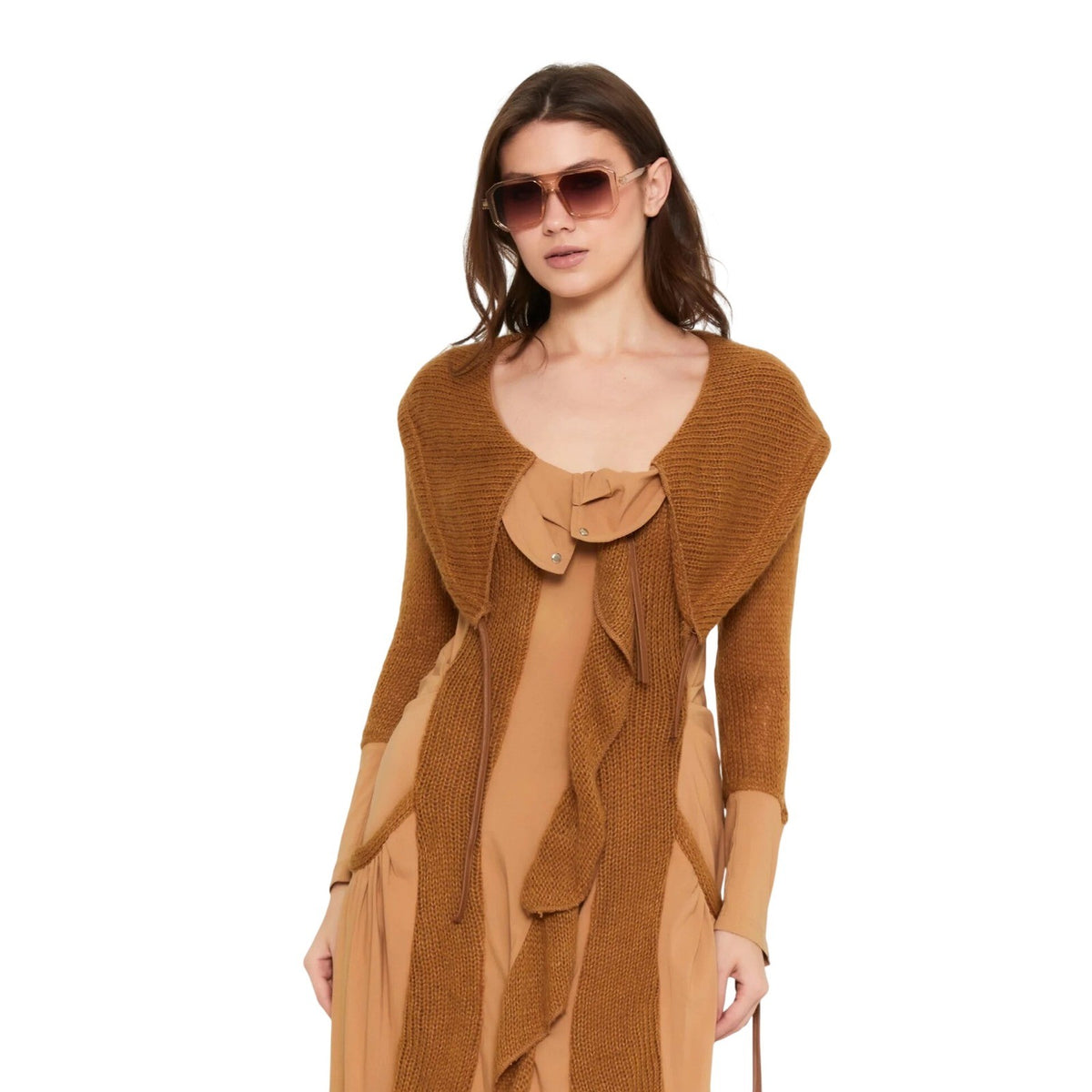 European Lana Wool Long Sleeve Dress Camel Brown Mixed Media Midi