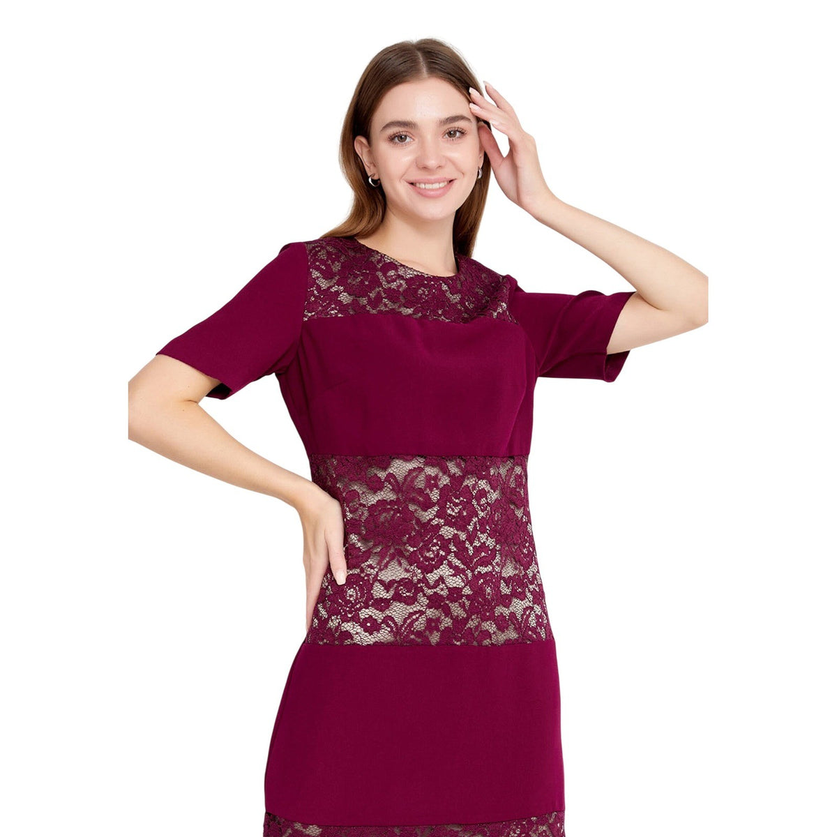 Burgundy Satin Lace Midi Dress Short Sleeve Cocktail Evening