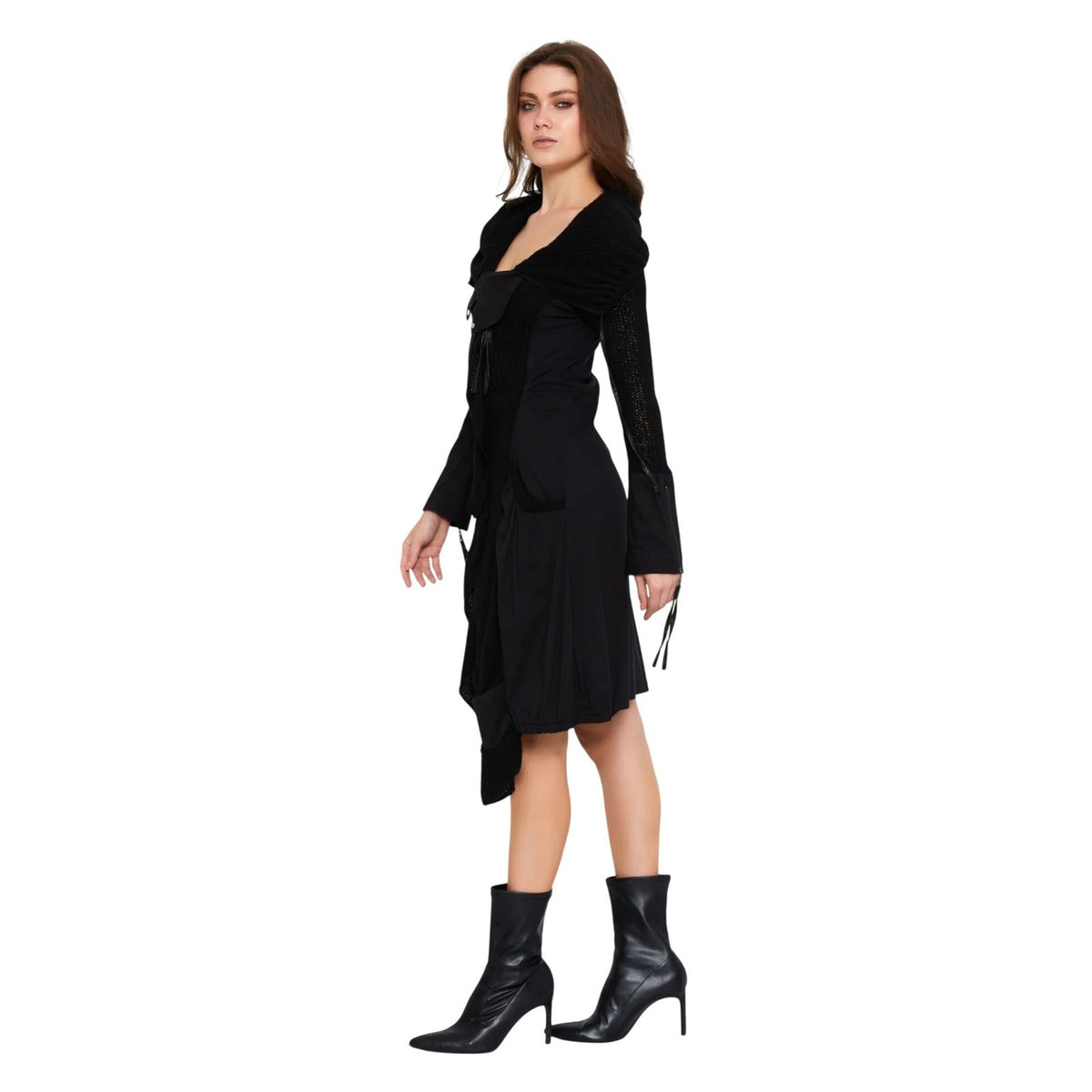 European Lana Wool Long Sleeve Midi Dress Black Avant Garde Asymmetrical Hem