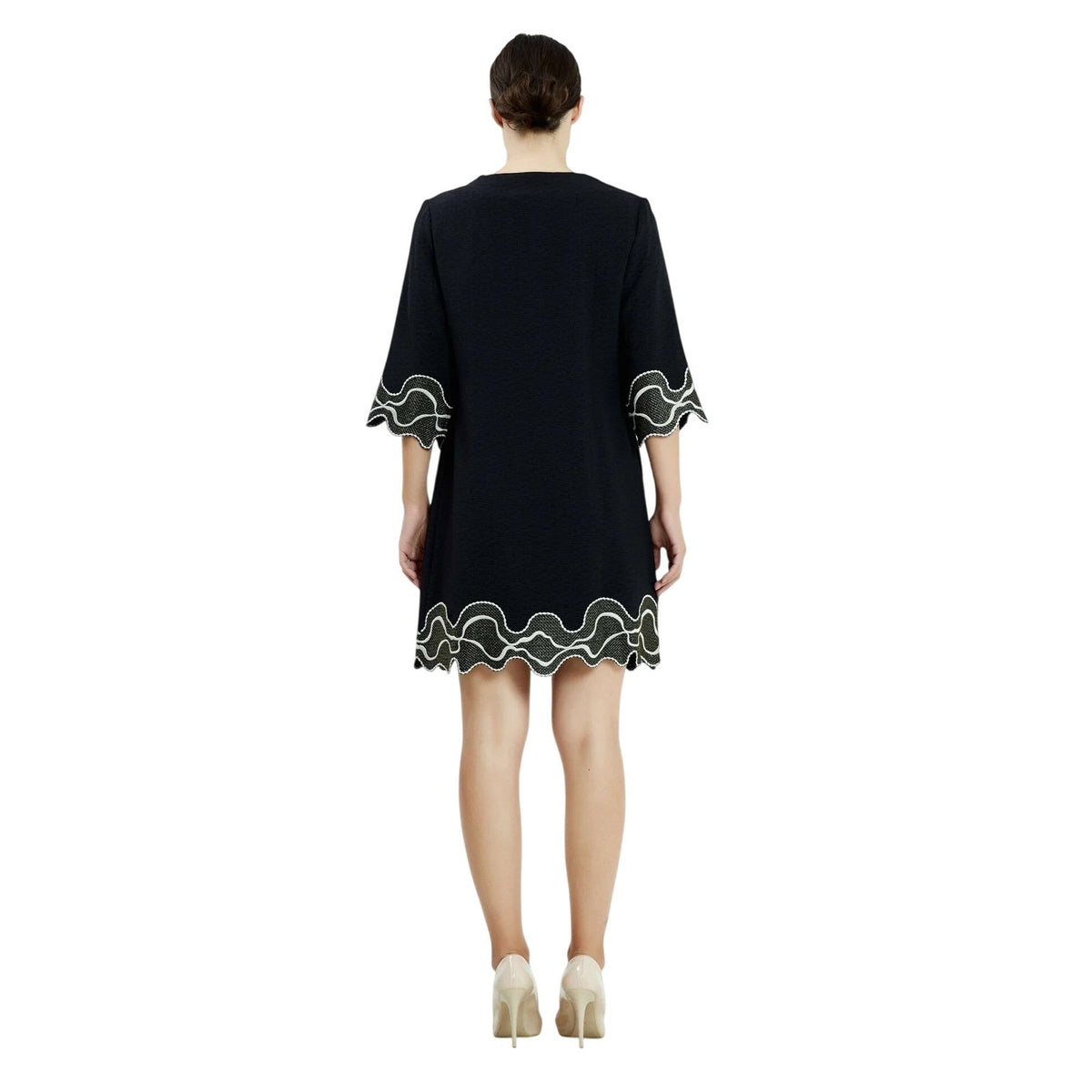 Black Crepe A-Line Embroidered Scallop Hem Casual Dress